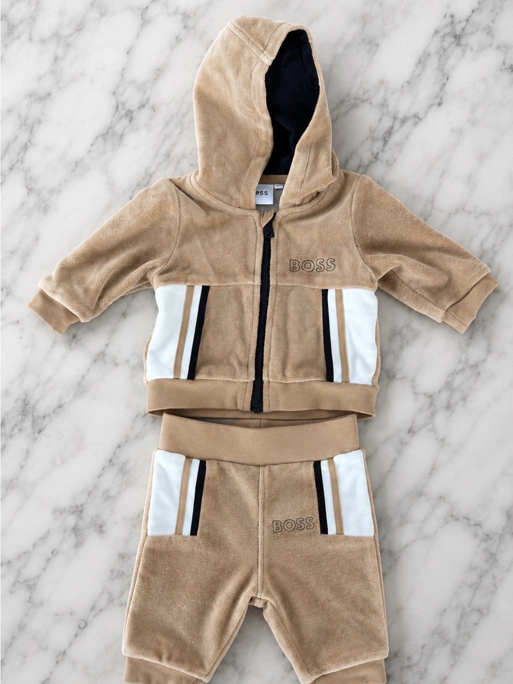 Hugo Boss Tan and White Velour Hoodie & Pants Set